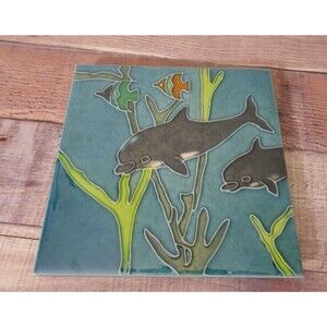 K’s Collection Art Pottery DOLPHINS Blue Green Gold Tile Trivet Plaque Ocean